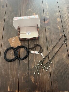 Plunder Drop Necklace, Black Woven Earrings, and Leather Bracelet L6
